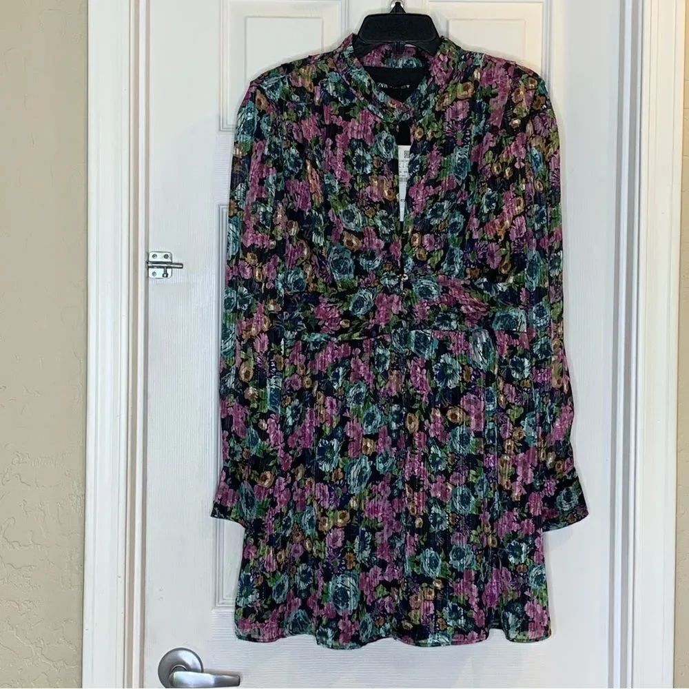 ZARA FLORAL DRESS WITH METALLIC THREAD Size Large - Picture 4 of 16